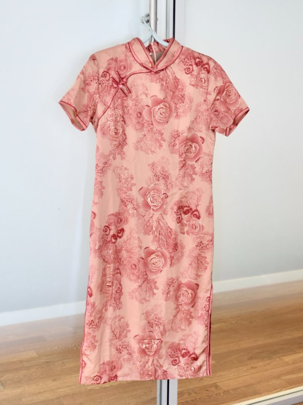 Pink Red Flora Chiffon Midi Qipao - Chinese Dress Cheongsam